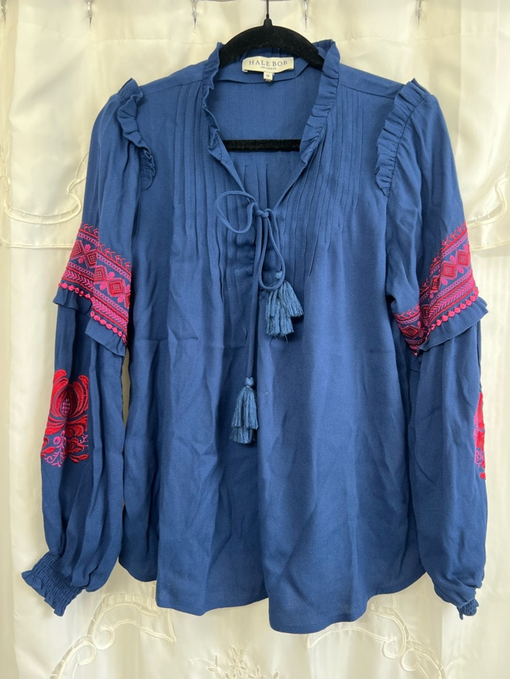 Hale Bob Reign Embroidered Lace-Up Blouse Blue Pink Boho Peasant Top Size Medium